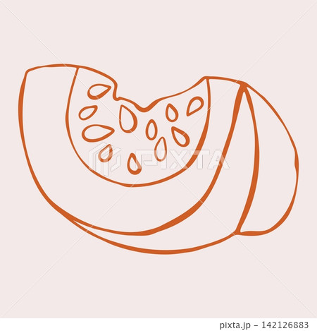 Pumpkin Slice with Seeds on Cut Flesh Side. Hand Drawn Doodle Style Vegetable Illustration Isolated on Beige Background. Minimalist Outline Icon and Symbol for Recipe, Cookbook, Farm Shop Label Pumpkin Slice with Seeds on Cut Flesh Side. Hand Drawn Doodle Style Vegetable Illustration Isolated on Beige Background. Minimalist Outline Icon and Symbol for Recipe, Cookbook, Farm Shop Label 142126883