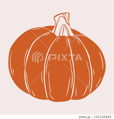 Round Orange Pumpkin with Ribbed Sides and Thick Stem. Hand Drawn Flat Style Vegetable Illustration Isolated on Beige Background. Sticker and Illustration for Halloween Card, Cafe Menu and Decor 142126884