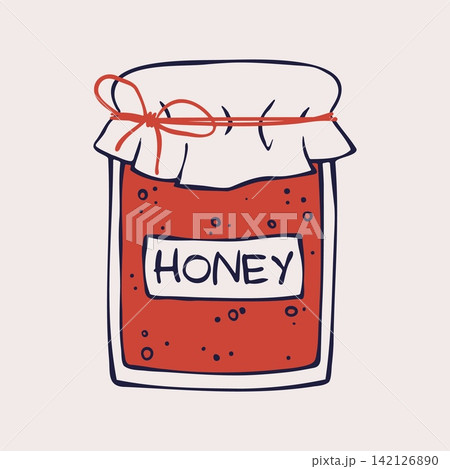 Honey Jar with Fabric Cover, Red Ribbon Bow and Label. Hand Drawn Flat Style Orange Honey with Blue Outline on Beige Background. Sticker and Illustration for Farm Shop Label, Tea House Menu and Print Honey Jar with Fabric Cover, Red Ribbon Bow and Label. Hand Drawn Flat Style Orange Honey with Blue Outline on Beige Background. Sticker and Illustration for Farm Shop Label, Tea House Menu and Print 142126890