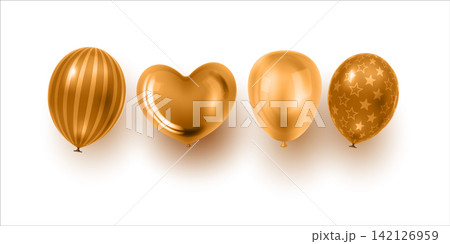 3d balloon set. glossy gold and silver foil party decorations of heart, star and round shapes. Floating ballons with strings for birthday celebration 3d balloon set. glossy gold and silver foil party decorations of heart, star and round shapes. Floating ballons with strings for birthday celebration 142126959