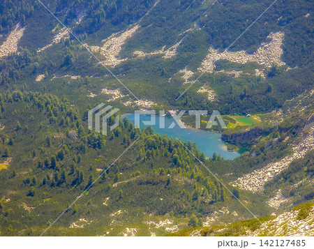 Karkamski glacial lake in Pirin Mountains National Park Bulgaria high angle view, Bansko Karkamski glacial lake in Pirin Mountains National Park Bulgaria high angle view, Bansko 142127485