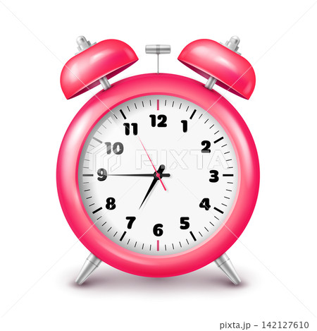 Classic pink alarm clock with two bells on a white background. Classic pink alarm clock with two bells on a white background. 142127610