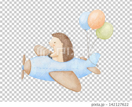 Cute cartoon hedgehog pilot in airplane soaring through sky. Adorable baby animal character perfect for nursery design, kid shirts, or playful watercolor illustrations. 142127622