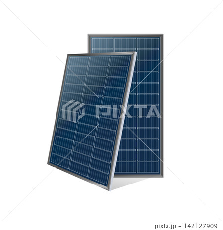 Realistic 3D solar panel energy photovoltaic module on transparent background, detailed cell structure with blue texture, perfect for renewable power projects and sustainable technology designs. 142127909
