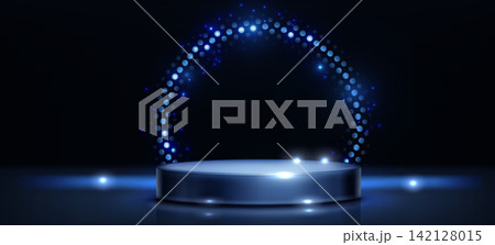 Silver 3D podium with dot light circle on black Silver 3D podium with dot light circle on black 142128015