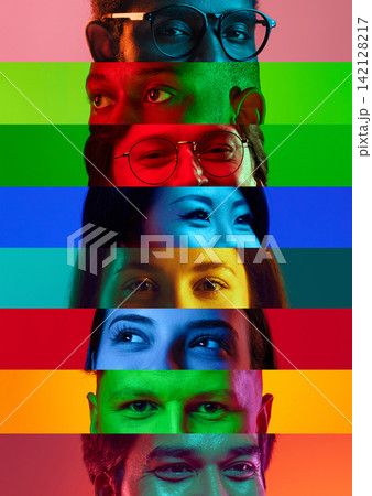 Expressive faces layered in bright horizontal bands forming diverse human identity collage 142128217