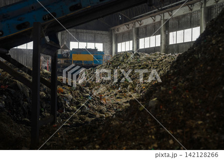 Industrial conveyor belt unloading processed organic waste pile in recycling power plant warehouse. 142128266