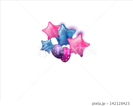 Metallic 3d balloon set. Pink and purple foil party decorations of heart, star and round shapes. Floating ballons with strings for birthday celebration Metallic 3d balloon set. Pink and purple foil party decorations of heart, star and round shapes. Floating ballons with strings for birthday celebration 142128423