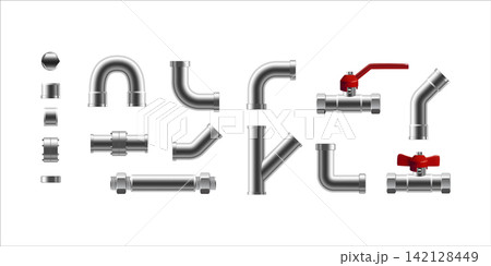 Pipeline parts of steel pipe in different shapes 3d render Pipeline parts of steel pipe in different shapes 3d render 142128449