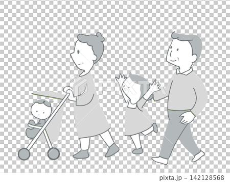 A simple illustration of a middle-aged person pushing a stroller and taking care of their grandchild. A simple illustration of a middle-aged person pushing a stroller and taking care of their grandchild. 142128568