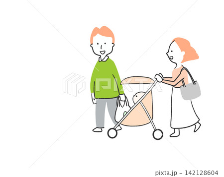 ベビーカーを押して買い物をする若い夫婦のシンプルなイラスト ベビーカーを押して買い物をする若い夫婦のシンプルなイラスト 142128604