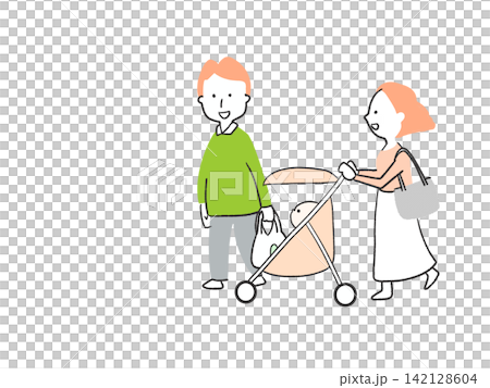 ベビーカーを押して買い物をする若い夫婦のシンプルなイラスト ベビーカーを押して買い物をする若い夫婦のシンプルなイラスト 142128604