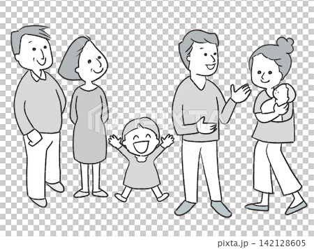 赤ちゃんがいる3世代仲良し家族、若い夫婦を見守る中高年夫婦 赤ちゃんがいる3世代仲良し家族、若い夫婦を見守る中高年夫婦 142128605
