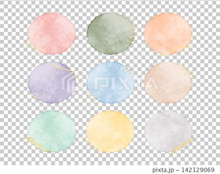 水彩風の丸型フレームと金彩のセット(透過PNG) 水彩風の丸型フレームと金彩のセット(透過PNG) 142129069