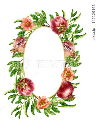 Pomegranate frame, oval. Ripe fruits, green leaves and pink flowers. Hand drawn watercolor illustration, isolated. Vintage clip art for greeting cards and holiday invitations. 142129168