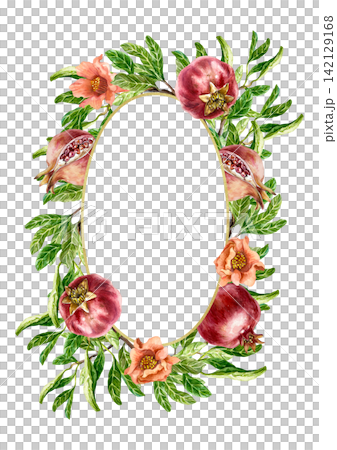 Pomegranate frame, oval. Ripe fruits, green leaves and pink flowers. Hand drawn watercolor illustration, isolated. Vintage clip art for greeting cards and holiday invitations. 142129168