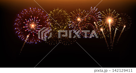 Red, blue, white fireworks on the black sky background. 4th of july celebration. American holiday Red, blue, white fireworks on the black sky background. 4th of july celebration. American holiday 142129411
