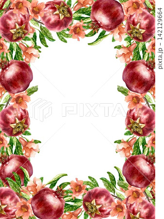 Pomegranate frame, vertical. Ripe red fruits, whole and cut, green leaves and pink flowers. Hand drawn watercolor illustration in a botanical style. Suitable for greeting cards and invitations. Pomegranate frame, vertical. Ripe red fruits, whole and cut, green leaves and pink flowers. Hand drawn watercolor illustration in a botanical style. Suitable for greeting cards and invitations. 142129664