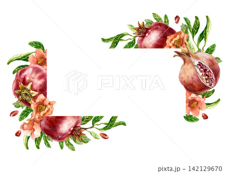 Pomegranate template for text insertion. Ripe red fruits, whole and cut, with green leaves and pink flowers. Hand drawn watercolor illustration in a botanical style for juice labels and cosmetics. Pomegranate template for text insertion. Ripe red fruits, whole and cut, with green leaves and pink flowers. Hand drawn watercolor illustration in a botanical style for juice labels and cosmetics. 142129670