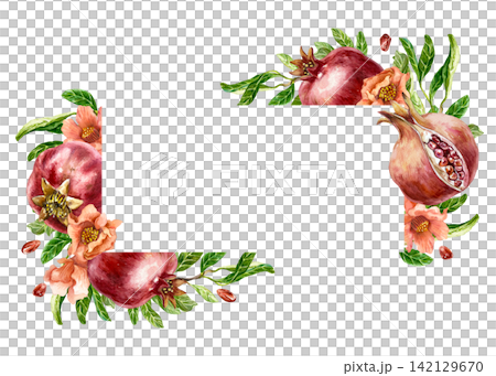 Pomegranate template for text insertion. Ripe red fruits, whole and cut, with green leaves and pink flowers. Hand drawn watercolor illustration in a botanical style for juice labels and cosmetics. Pomegranate template for text insertion. Ripe red fruits, whole and cut, with green leaves and pink flowers. Hand drawn watercolor illustration in a botanical style for juice labels and cosmetics. 142129670