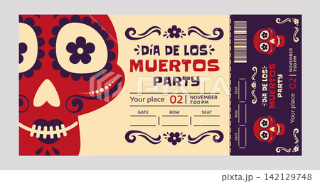 Dia de los Muertos Party Ticket Template with Sugar Skull, November 2 Date and Decorative Day of the Dead Event Design Dia de los Muertos Party Ticket Template with Sugar Skull, November 2 Date and Decorative Day of the Dead Event Design 142129748