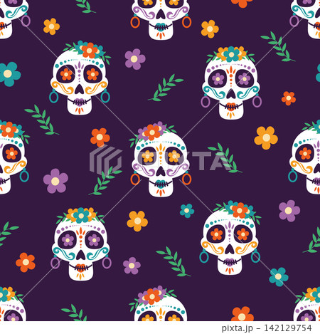 Dia de los Muertos Sugar Skull Seamless Pattern with Floral Crowns, Colorful Flowers and Leaves on Dark Purple Background Dia de los Muertos Sugar Skull Seamless Pattern with Floral Crowns, Colorful Flowers and Leaves on Dark Purple Background 142129754