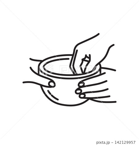 Minimal line art icon depicting hands molding and shaping a wet clay bowl. Minimal line art icon depicting hands molding and shaping a wet clay bowl. 142129957