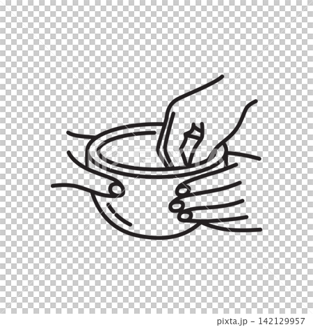 Minimal line art icon depicting hands molding and shaping a wet clay bowl. Minimal line art icon depicting hands molding and shaping a wet clay bowl. 142129957