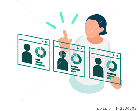 リードスコアリング画面から最適な見込み客を選定するマーケティング担当者のイラスト リードスコアリング画面から最適な見込み客を選定するマーケティング担当者のイラスト 142130585