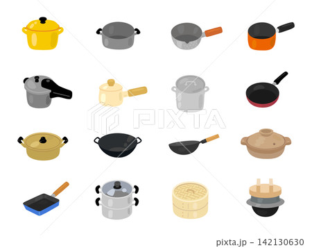 鍋やフライパンなどの調理器具のイラストセット 鍋やフライパンなどの調理器具のイラストセット 142130630