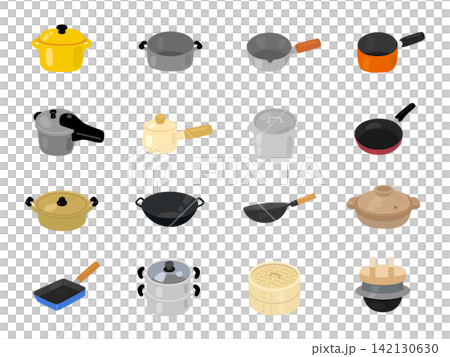 鍋やフライパンなどの調理器具のイラストセット 鍋やフライパンなどの調理器具のイラストセット 142130630