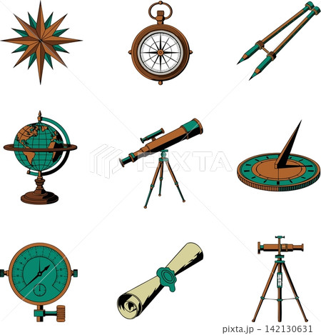 This image shows a collection of antique scientific, navigational and geographical instruments This image shows a collection of antique scientific, navigational and geographical instruments 142130631