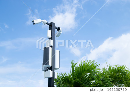 IP CCTV camera install by have water proof cover to protect camera with home security system concept. IP CCTV camera install by have water proof cover to protect camera with home security system concept. 142130730