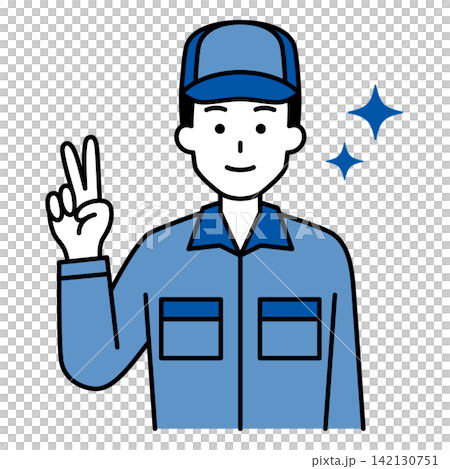 A man in overalls makes a peace sign. A man in overalls makes a peace sign. 142130751