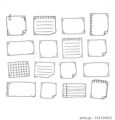 Hand drawn paper notes collection with clips and tape. Sketch memo pads with lined blank and grid patterns isolated. Doodle sticky notes set elements. Hand drawn paper notes collection with clips and tape. Sketch memo pads with lined blank and grid patterns isolated. Doodle sticky notes set elements. 142130852