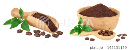 ground coffee in wooden scoop and bowl and coffee beans isolated on white background ground coffee in wooden scoop and bowl and coffee beans isolated on white background 142131129