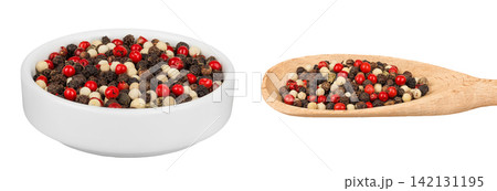 Pepper mix in a ceramic bowl and wooden spoon isolated on white background. 142131195