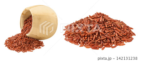 red rice in a wooden bowl isolated on white background red rice in a wooden bowl isolated on white background 142131238