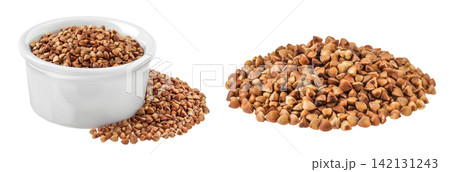 Raw buckwheat in ceramic bowl isolated on white background Raw buckwheat in ceramic bowl isolated on white background 142131243