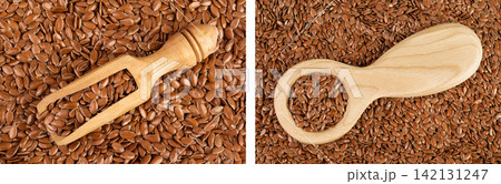 flaxseed in wooden scoop and spoon as a background. Top view. Flat lay flaxseed in wooden scoop and spoon as a background. Top view. Flat lay 142131247