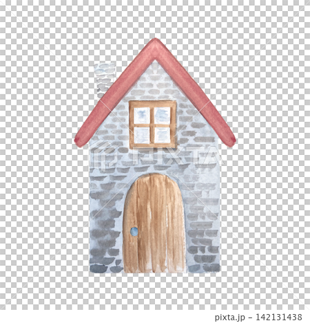 Watercolor illustration of a stone house with a red roof, wooden door, window, and chimney isolated on white. Perfect for fairytale maps, children books, rural scenes, and fantasy environment design Watercolor illustration of a stone house with a red roof, wooden door, window, and chimney isolated on white. Perfect for fairytale maps, children books, rural scenes, and fantasy environment design 142131438