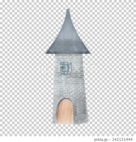 Medieval-style stone tower with a dome-shaped roof and arched wooden door. Watercolor illustration isolated on white background. Ideal for fairytales, maps, fantasy packaging, educational materials Medieval-style stone tower with a dome-shaped roof and arched wooden door. Watercolor illustration isolated on white background. Ideal for fairytales, maps, fantasy packaging, educational materials 142131444