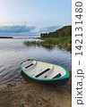 Green and white rowboat resting on sandy lakeshore beside calm water, tall reeds and forest under soft evening sky 142131480
