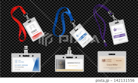 Lanyard badge elements set design. Collection with identification passes on strings, ID card templates for staff, doctor, volunteer, security officer, administrator or teacher. Vector illustration. 142131556