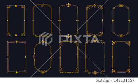 Gold frames elements set design. Collection with golden vertical square borders with vintage linear shapes and ornate corners, bohemian art deco banners, tarot card templates. Vector illustration. Gold frames elements set design. Collection with golden vertical square borders with vintage linear shapes and ornate corners, bohemian art deco banners, tarot card templates. Vector illustration. 142131557