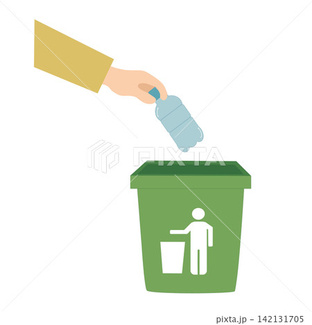 Hand throwing plastic bottle into green trash bin waste disposal recycling concept sticker print visual graphic clipart artwork design icon element illustration Hand throwing plastic bottle into green trash bin waste disposal recycling concept sticker print visual graphic clipart artwork design icon element illustration 142131705