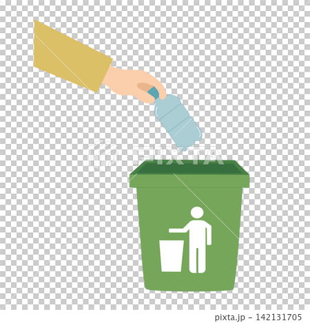 Hand throwing plastic bottle into green trash bin waste disposal recycling concept sticker print visual graphic clipart artwork design icon element illustration Hand throwing plastic bottle into green trash bin waste disposal recycling concept sticker print visual graphic clipart artwork design icon element illustration 142131705