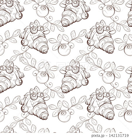 Blueberry and croissant seamless vector pattern, elegant botanical fine line illustration for bakery packaging, cafe branding, pastry boxes and wrapping paper 142131719