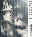 Leaves shadows on corrugated metal wall. Leaves reflection, sunlight and nature background 142131768