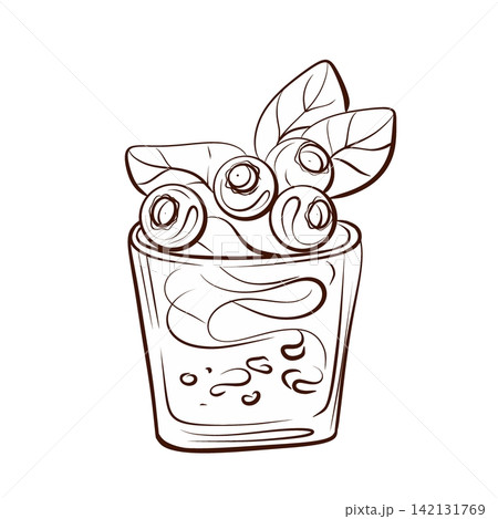 Blueberry smoothie bowl botanical vector line drawing arrangement, elegant monochrome breakfast illustration for cafe branding, healthy food packaging and menus Blueberry smoothie bowl botanical vector line drawing arrangement, elegant monochrome breakfast illustration for cafe branding, healthy food packaging and menus 142131769